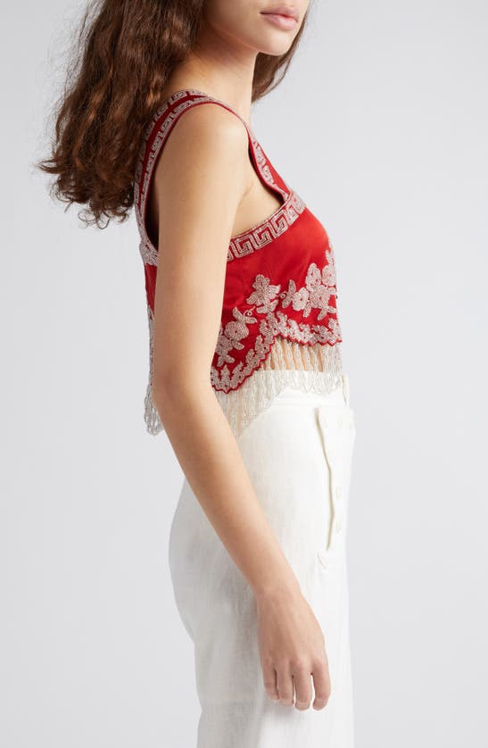 Shop Bode Amrita Beaded Fringe Crop Top In Red