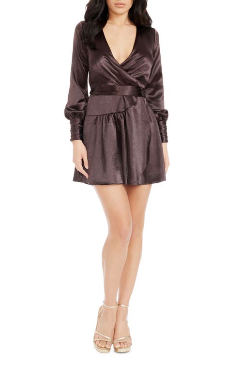 Shop Dress The Population Darla Wrap Front Long Sleeve Satin Minidress In Mocha