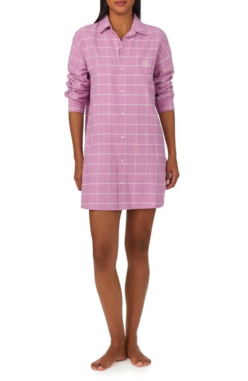 Shop Lauren Ralph Lauren Plaid Cotton Blend Herringbone Sleep Shirt In Pink Plaid