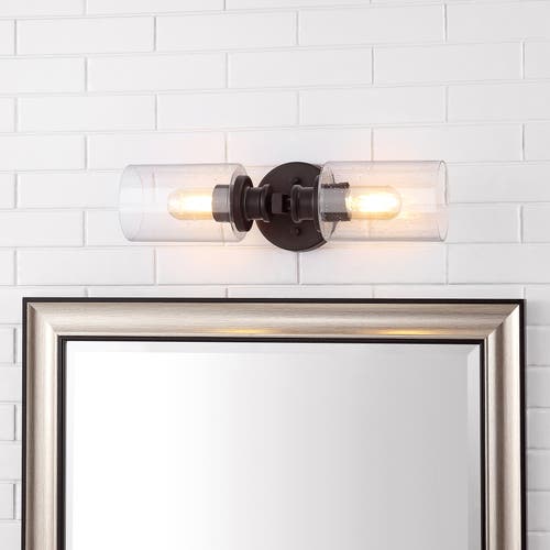 Jonathan Y Jules Cylinder 2-light Iron/seeded Glass Farmhouse Contemporary Led Wall Sconce In Oil Rubbed Bronze