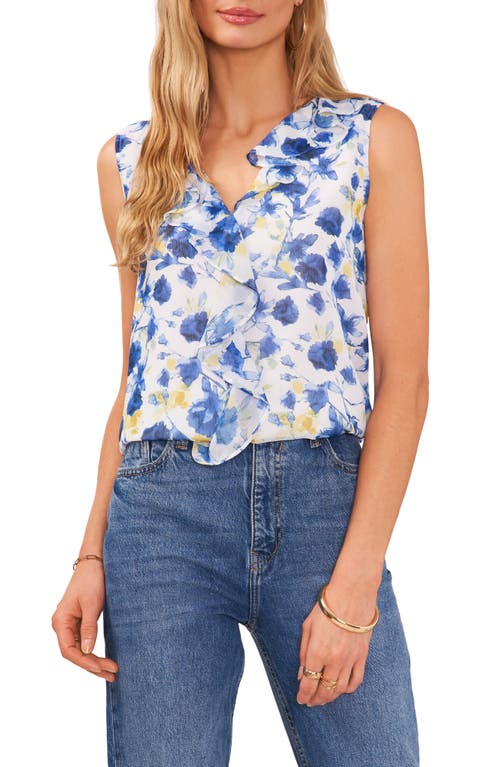 Vince Camuto Floral Sleeveless Ruffle Chiffon Top In Ultra White/blue