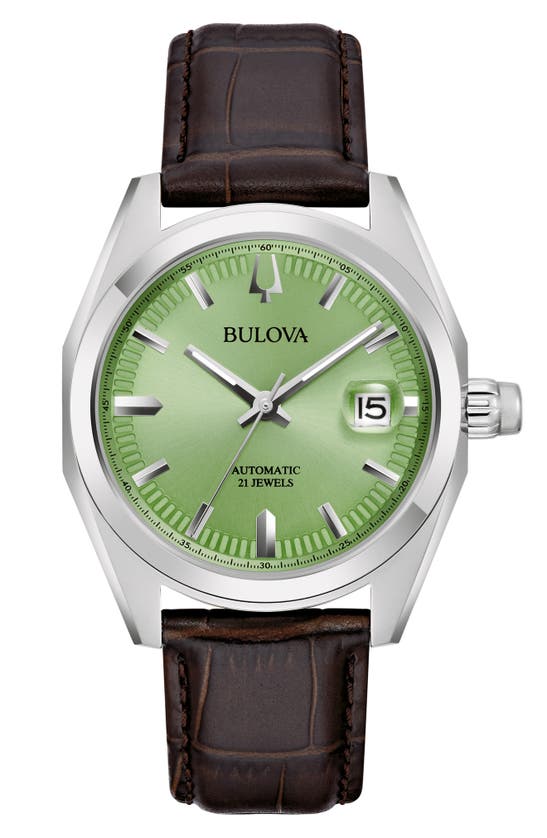 Shop Bulova Surveyor Automatic Leather Strap Watch, 39mm In Silverone