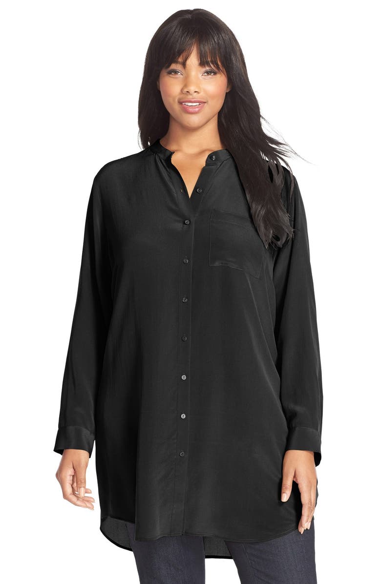 Eileen Fisher Silk Mandarin Collar Long Shirt (Plus Size) | Nordstrom