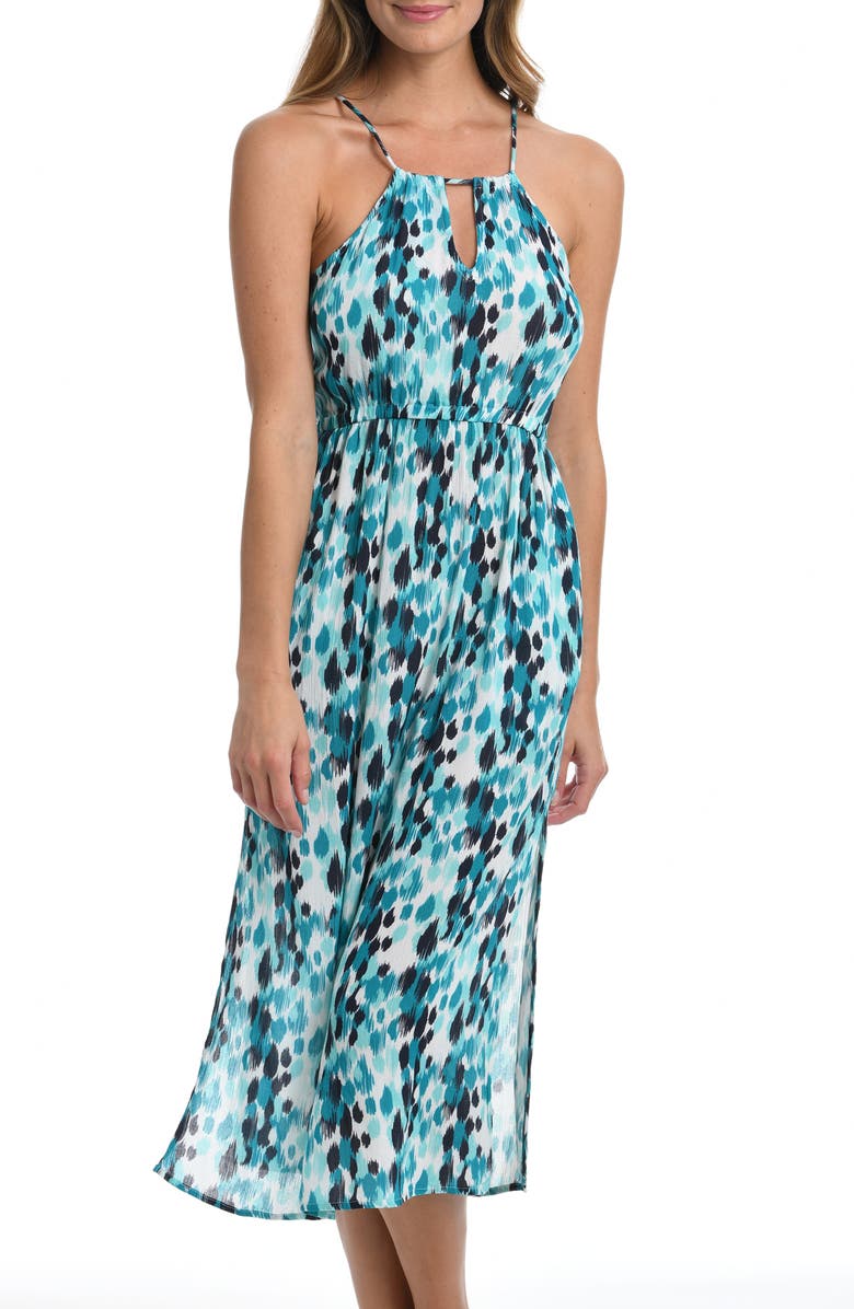 LA BLANCA Seaglass Side Slit Halter Cover-Up Dress, Main, color, AQUAMARINE