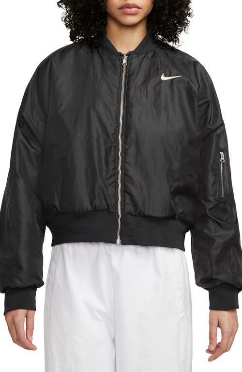Nike Sportswear Reversible Faux Fur Bomber Jacket In Black/coconut Milk