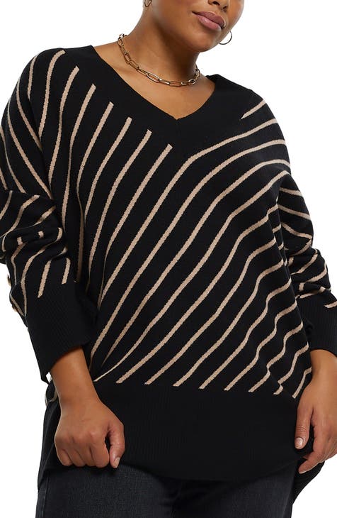 Stripe Button Cuff V-Neck Sweater (Plus)