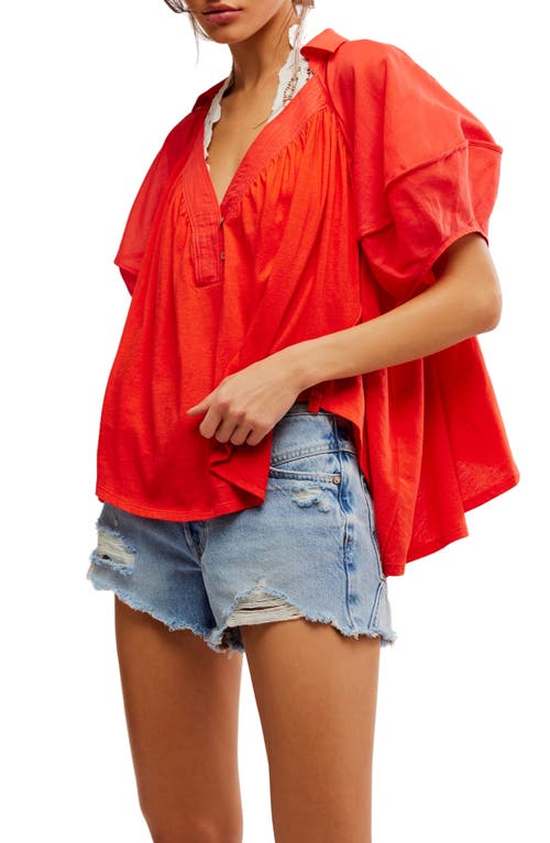 Free People Sunray Mixed Media Cotton Jersey Babydoll Top In Fiery Red