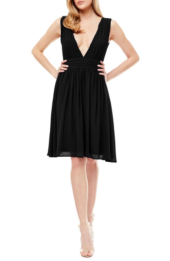 Love By Design Melissa Plunge Neck Chiffon Fit & Flare Dress In Black