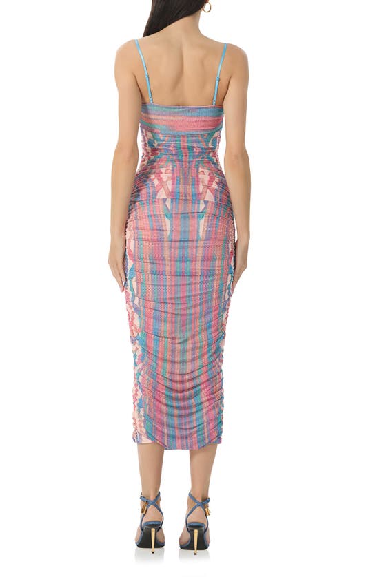 Afrm Hazel Printed Ruched Mesh Midi Dress In Sculpted Cable