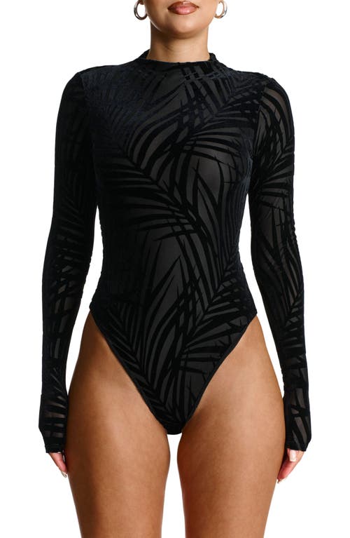 Shop Naked Wardrobe Burnout Velvet Long Sleeve Bodysuit In Palm Black