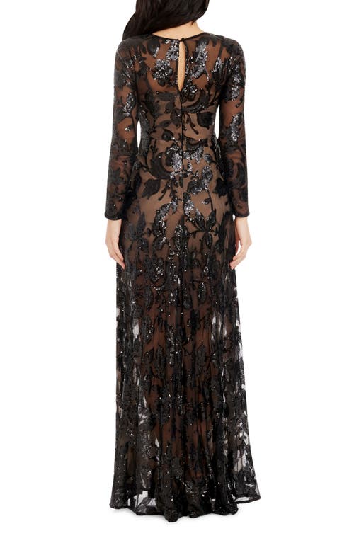 Shop Dress The Population Ava Sequin Floral Long Sleeve A-line Gown In Black-nude