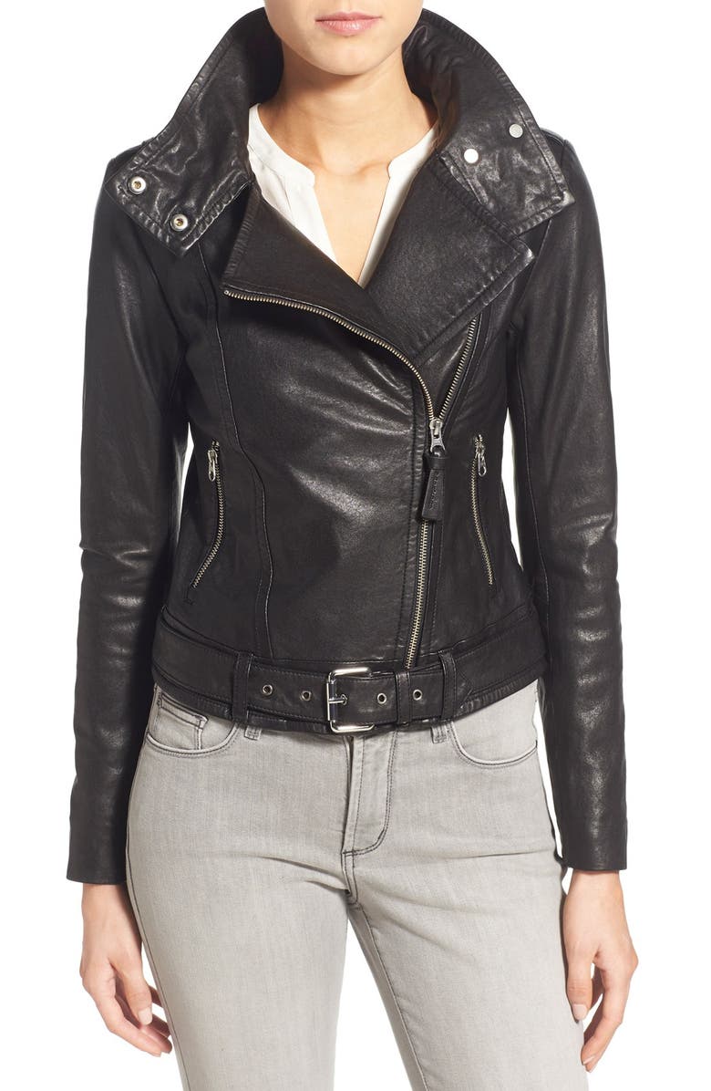 MACKAGE Hania Belted Leather Moto Jacket, Main, color, BLACK
