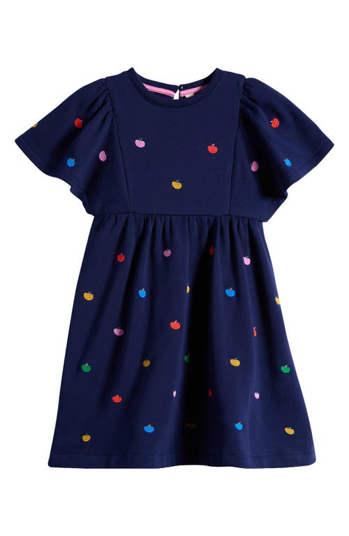 Mini Boden Kids' Apple Embroidered Flutter Sleeve Sweatshirt Dress In College Navy Rainbow Apples