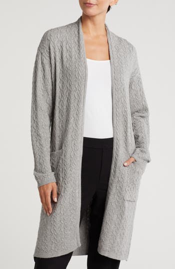 T Tahari Cable Knit Pocket Cardigan In Flannel Heather