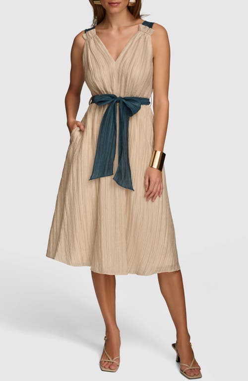Donna Karan New York Tie Waist Plissé Fit & Flare Dress In Sand/tide