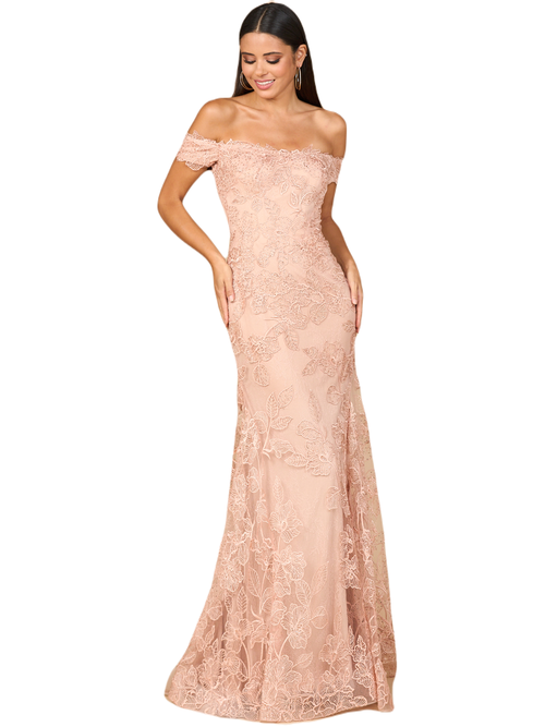 Lara New York Off Shoulder Lace Mermaid Gown In Blush