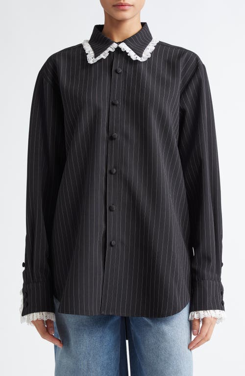 Tanner Fletcher Gender Inclusive Pippa Pinstripe Lace Trim Wool Blend Button-Up Shirt in Black Pinstripe