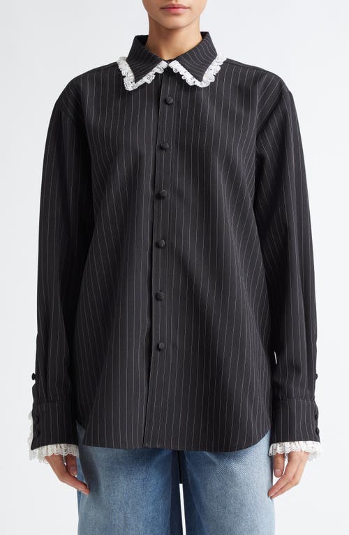 Tanner Fletcher Gender Inclusive Pippa Pinstripe Lace Trim Wool Blend Button-Up Shirt in Black Pinstripe 