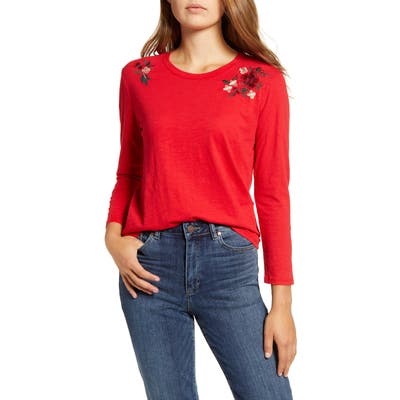 Lucky Brand Embroidered Shoulder Tee, Red