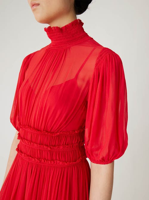 Shop Rebecca Taylor Viscose Chiffon Smocked Waist Dress In Red Lip