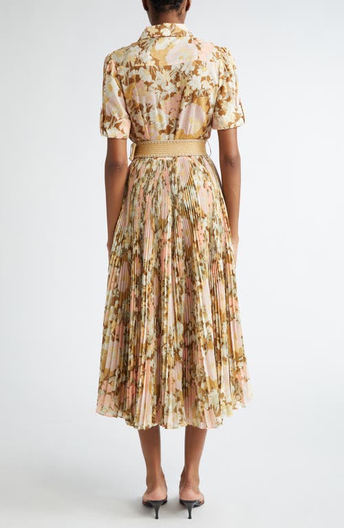 Shop Zimmermann Pop Pleated Midi Shirtdress In Gold/peach Floral