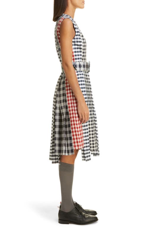 Shop Thom Browne Mixed Gingham Midi Dress In Navy