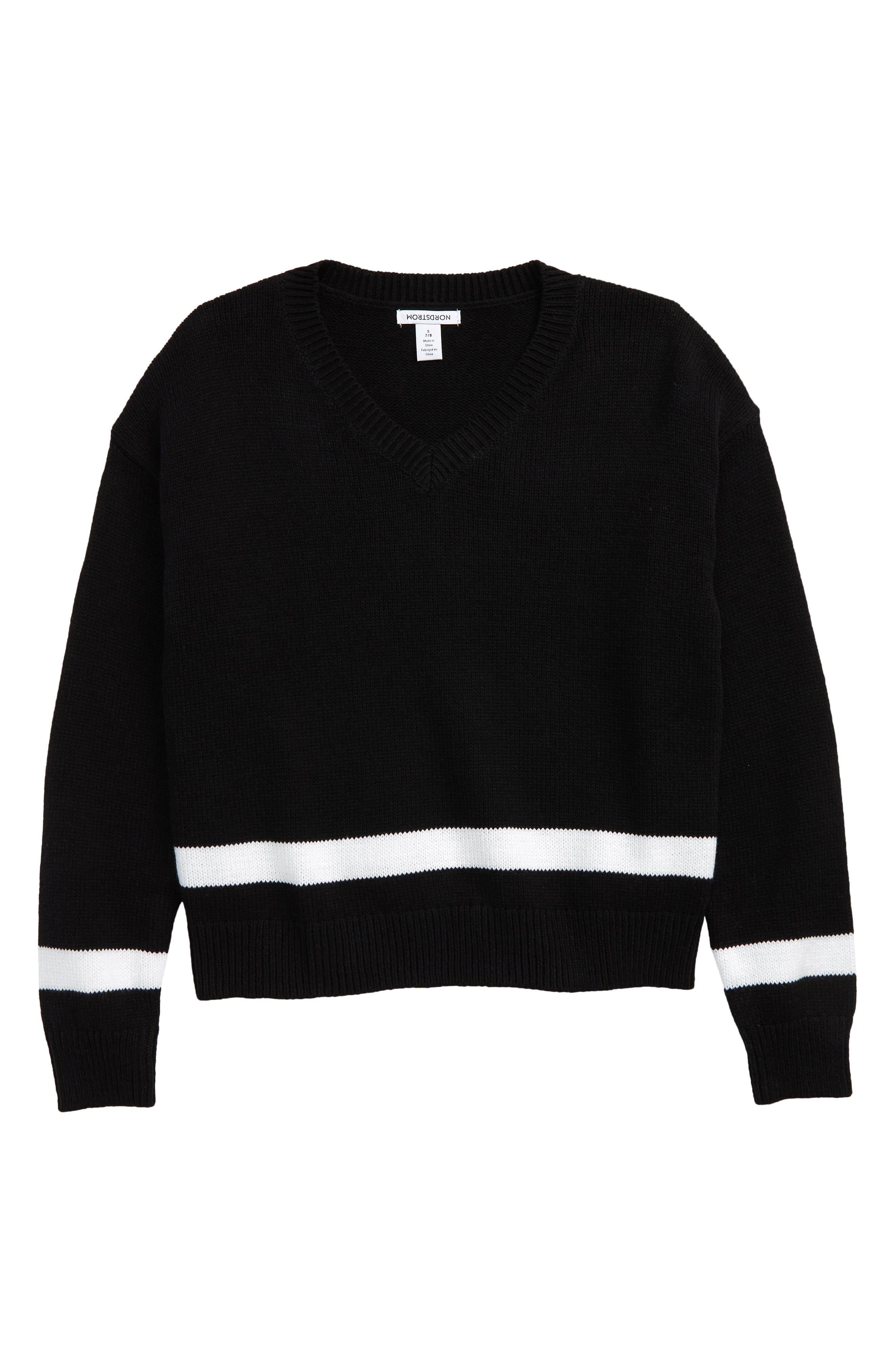 black sweater with white stripes on sleeves