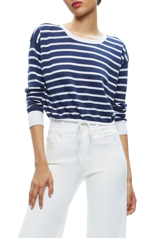 Shop Alice And Olivia Bernetta Stripe Linen Blend Crop Sweater In Indigo/ Soft White
