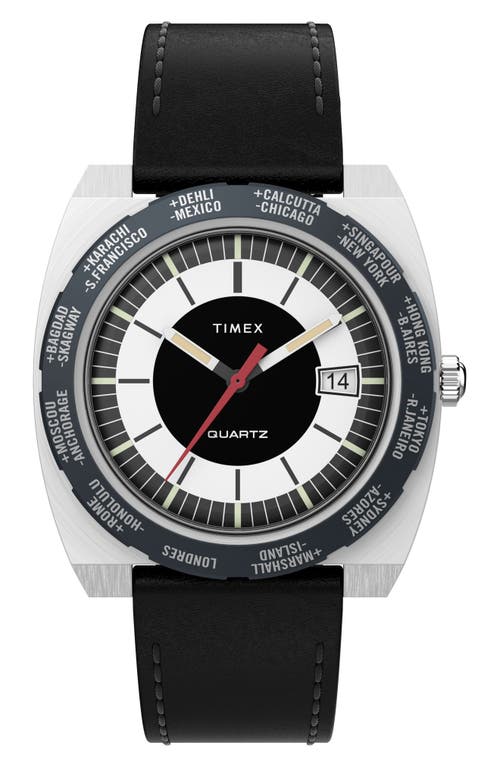 Timex World Time Reissue Leather Strap Watch, 39mm in Black at Nordstrom