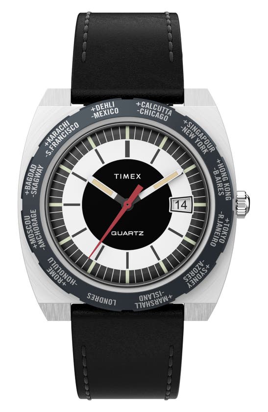 TIMEX TIMEX® WORLD TIME REISSUE LEATHER STRAP WATCH, 39MM