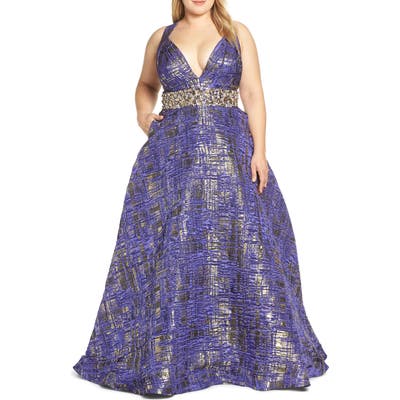 Plus Size MAC Duggal Rhinestone Waist Metallic Print Evening Dress, Purple