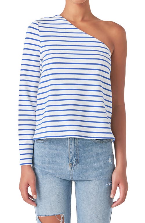 Stripe One-Shoulder Asymmetric Top in White/Blue