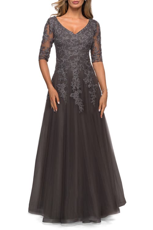 La Femme Long A-line Dress With Lace Bodice And V-neck In Gunmetal