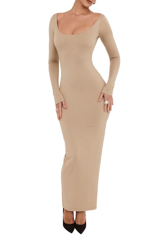 Open Back Long Sleeve Body-Con Dress in Gravel