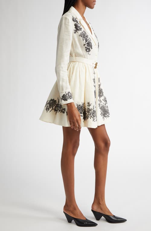 Zimmermann Floral Embroidered Belted Long Sleeve Linen Shirtdress In Cream Floral