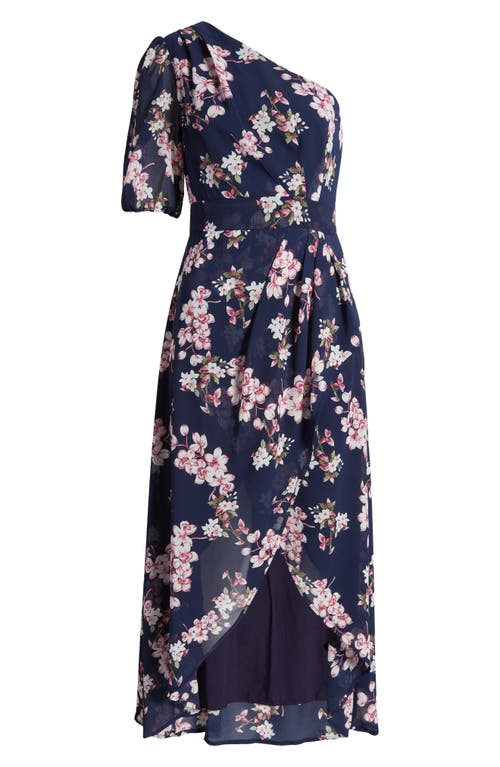 Shop Lulus Sensational Perfection Floral One-shoulder High-low Gown In Navy/pink