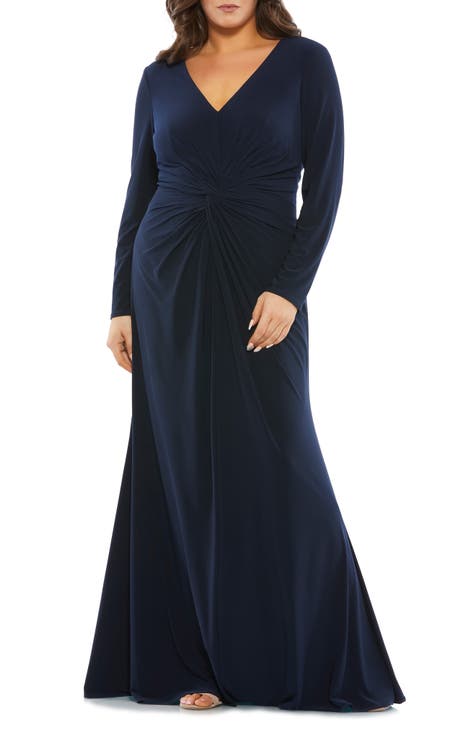 Ruched Long Sleeve Jersey Trumpet Gown (Plus Size)