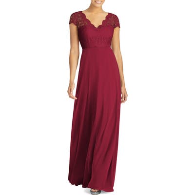 Dessy Collection Cap Sleeve Lace & Chiffon Gown, Burgundy