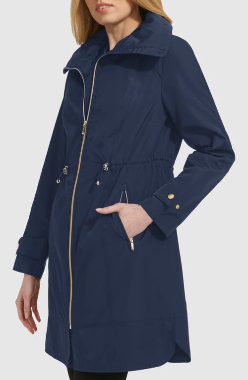 Cole Haan Travel Packable Hooded Rain Jacket In Indigo