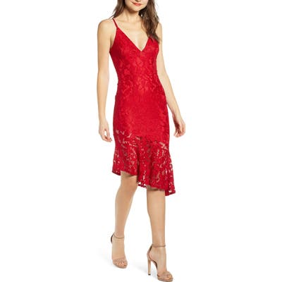 Speechless Asymmetrical Ruffle Hem Lace Dress, Red