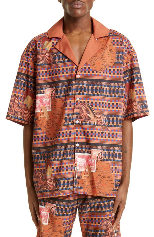 Ahluwalia Tunde Geo Map Print Recycled Polyester Button-Up Shirt in Brown