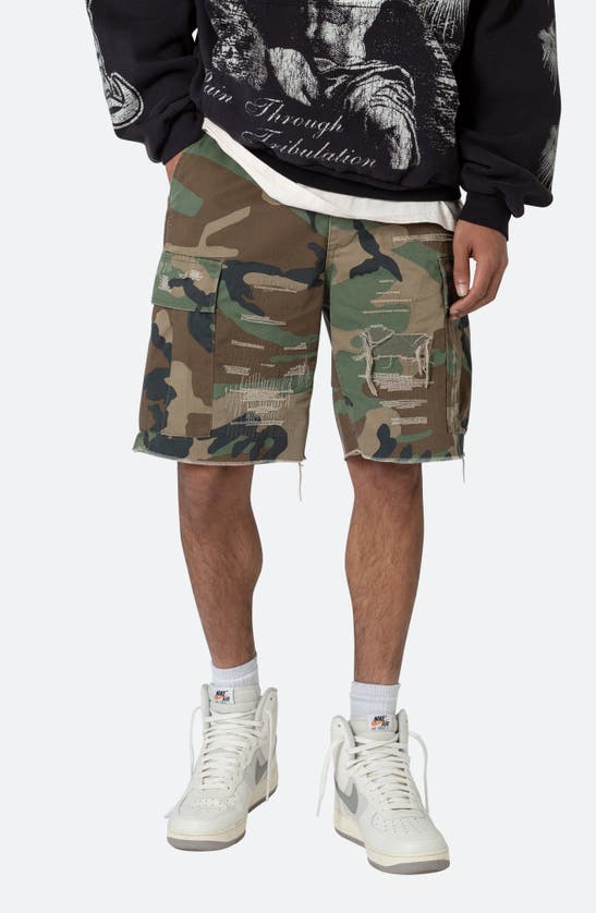 Shop Mnml Distressed Cargo Shorts In Camo