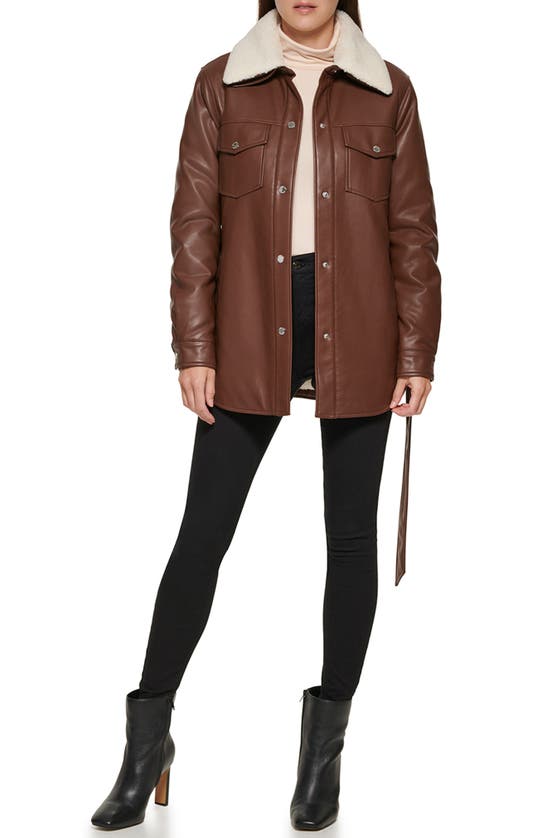Kenneth Cole Faux Leather Tie Belt Shacket With Removable Faux Shearling Collar In Chocolate