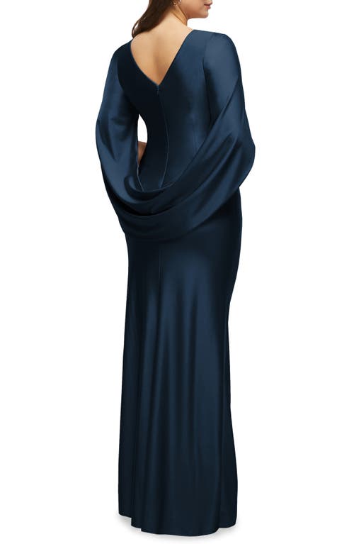 After Six Cape Sleeve Satin Gown In Midnight