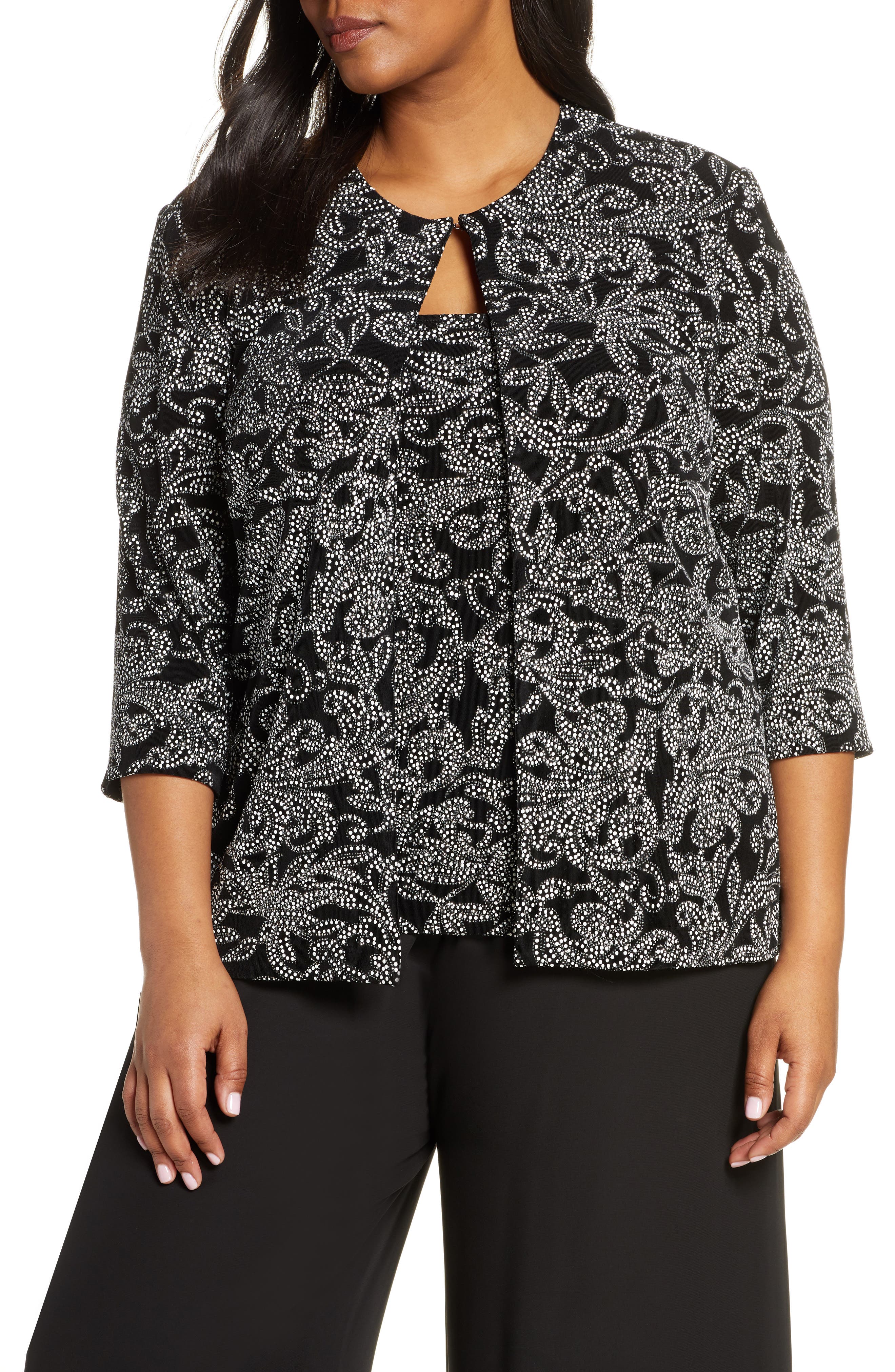 Plus Size Alex Evenings Dot Floral Print Twinset, Black