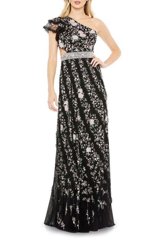 Mac Duggal Floral Embroidered Ruffle One-Shoulder Gown Black Multi at Nordstrom,