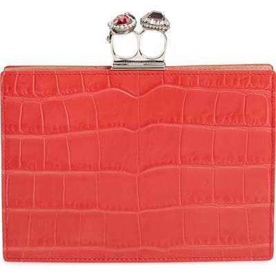 Alexander Mcqueen Croc Embossed Calfskin Leather Double Ring Clutch - Red