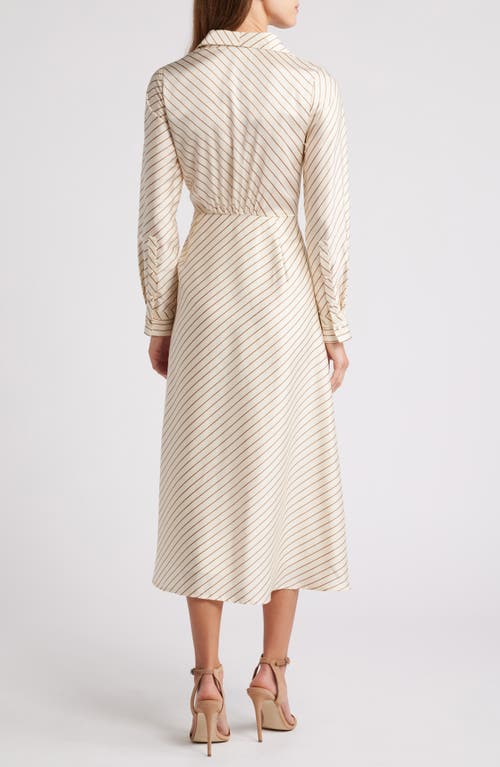 Shop Zoe And Claire Stripe Long Sleeve Satin Shirtdress In Champagne