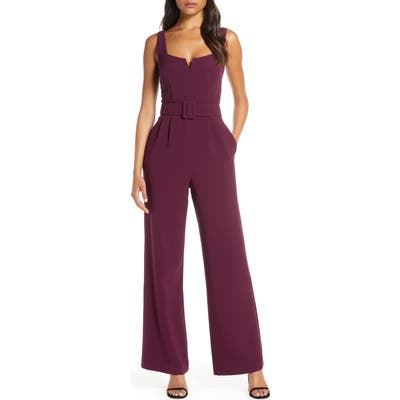 Eliza J Notched Square Neck Belted Jumpsuit, Red