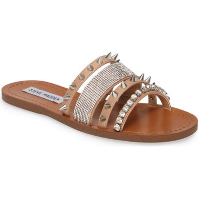 Steve Madden Lindy Spike & Crystal Slide Sandal- Brown